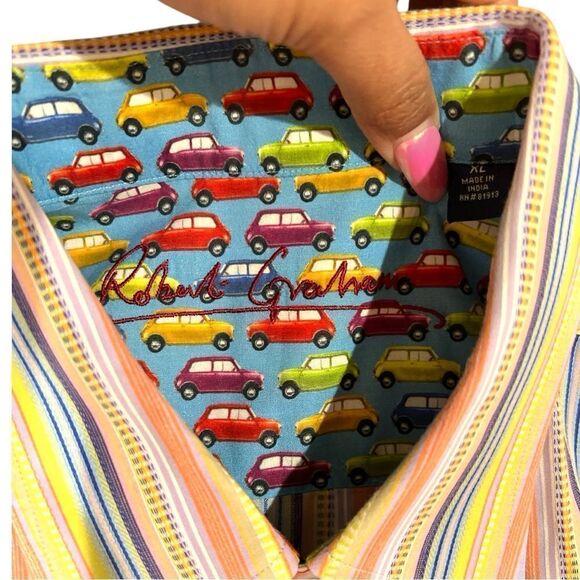 Robert Graham Multicolor Stripes Button Down Shirt with Cars French Cuff Size XL - Picture 3 of 6